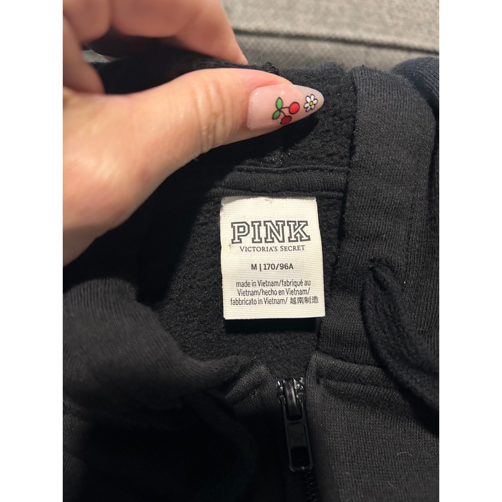 PINK Victoria's Secret Black Full Zip Logo Hoodie Sweatshirt Medium t2k lounge M - Picture 2 of 7